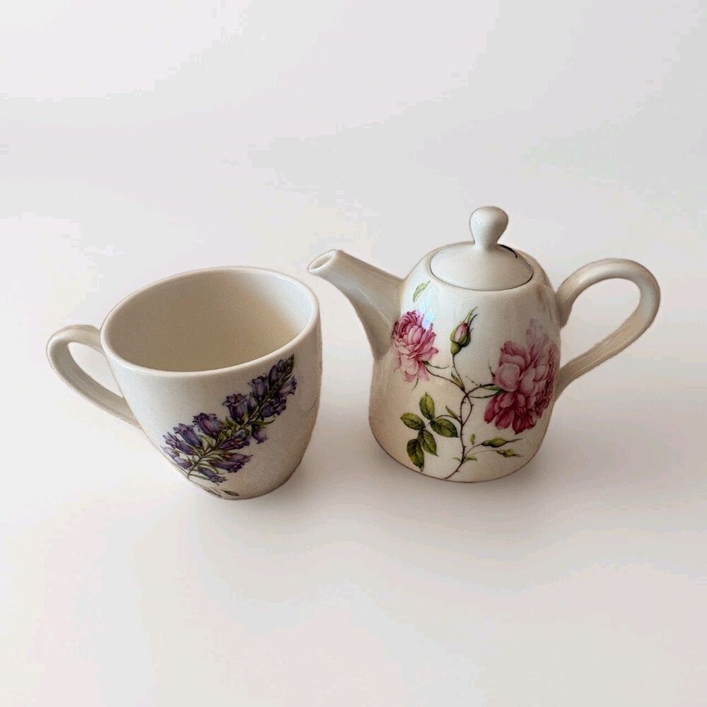 Grace Tea Ware Tea for One Set Floral Pink Roses & Lavender Teapot & Cup NIB